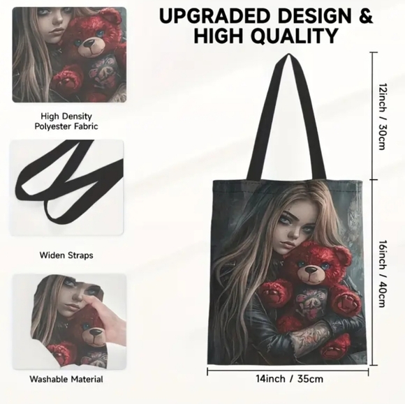 🆕️16" BY 14" TOTE BAG/GOTH GIRL WITH RED TEDDY BEAR GRAPHIC Y2K PUNK GOTH GIFT - Picture 11 of 17